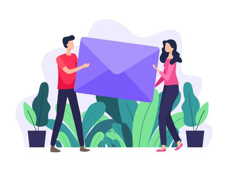 Vector illustration Men and women carry large letter. Email concept illustration, Subscribe to newsletters, Email marketing businesses. Vector in flat styleのイラスト素材