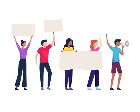 Vector illustration of Group of protesting people. Crowd of protesting people holding banners and placards. Group of male and female protesters or activists. Vector in flat styleのイラスト素材