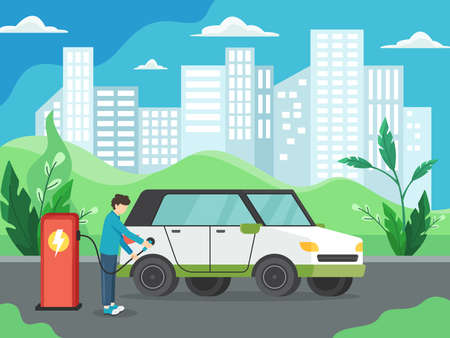 Vector illustration Electric car concept. Man charging electric car at the charger station in front of Wind turbine and Solar panel. Green vehicle, Ecologically clean transport. Vector in flat styleのイラスト素材