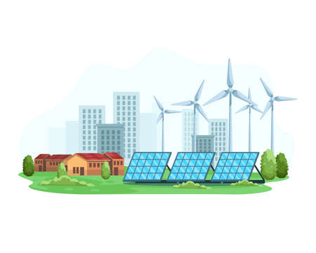 City landscape with the concept of renewable energy. Green energy an eco friendly solar power and wind turbine. Clean and Alternative energy, Smart city concept. Vector illustration in a flat styleのイラスト素材