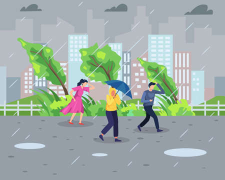 Vector illustration Rainstorm concept. People walk during rainstorm with cityscape background. Natural disaster and Extreme weather concept. Vector illustration in a flat styleのイラスト素材
