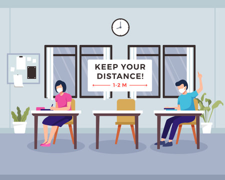 Concept of social distancing at school. Classroom with student maintaining safe distance. Kids wearing face mask. New normal at public places, Social distancing, Class interior. Vector in a flat styleのイラスト素材