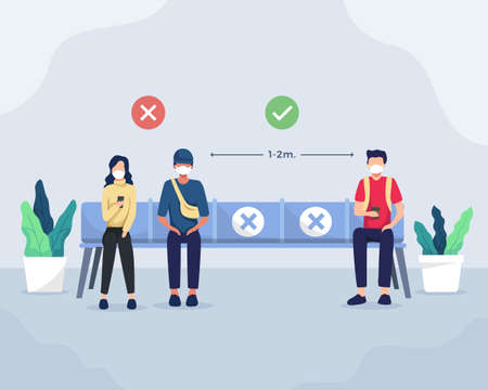 Social distancing and coronavirus covid-19 prevention. Maintain a safe distance from other. Correct and wrong way to social distancing by sitting of people in public facilities. Vector in flat styleのイラスト素材