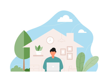 Young man working from home during pandemic. Freelance working concept, People work remotely from home. Vector illustration in a flat styleのイラスト素材