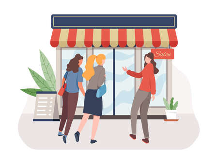 Woman in beauty salon, Beautiful girl haircut styling. Cosmetic salon customer, Concept of care and beauty. Vector in a flat styleのイラスト素材