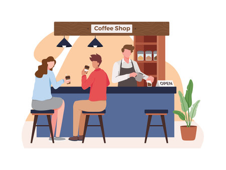 Small business and self-employment concept, Barista makes coffee. Drinking coffee and talking. Illustration of Coffee shop owner, People in cozy cafe. Vector in flat styleのイラスト素材