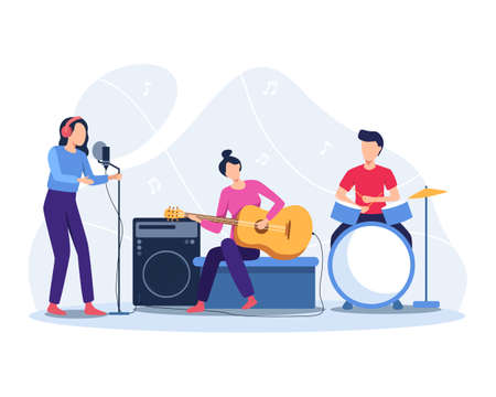 Musicians play musical instruments. Group of musicians playing music, Band concert illustration. Music instruments guitarist drummer, singer artist with microphone. Vector illustration in a flat styleのイラスト素材