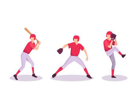 Man with bat and glove, Baseball players. Men athletes in uniform playing baseball at championship competition, Pitcher throw ball to batter. Vector illustration in flat styleのイラスト素材