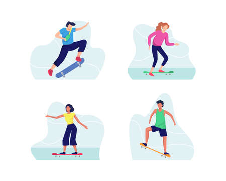 Young people skateboarding in various styles, Teenagers having fun riding skateboards. Collection of men and women practicing and skateboarding. Vector flat styleのイラスト素材