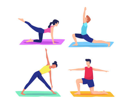 Man and woman training at home doing yoga exercises, Healthy lifestyle, Personal trainer workout class. Illustration concept of Yoga, Exercising, meditation. Vector flat styleのイラスト素材