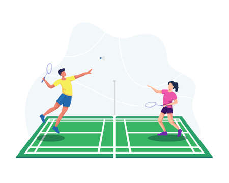 Badminton player jumping get ready to smash shot, Man and woman badminton player. People playing badminton with shuttle on court. Vector illustration in a flat styleのイラスト素材