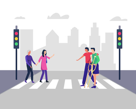Illustration helps people with disabilities cross the road, Blind woman. Young men and women crossing street safely with disabilities people. Vector in a flat styleのイラスト素材