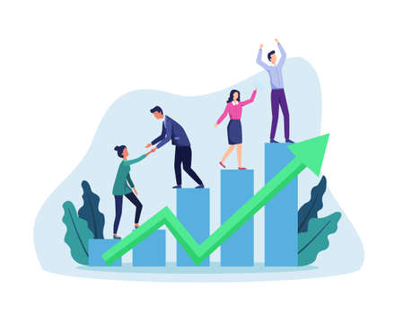 People walking up drawn stairs to success, Stepping on chart bar. Corporate growth plan, Business development to success and growing growth concept. Vector in flat styleのイラスト素材