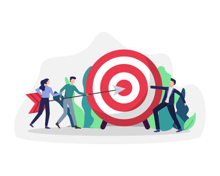 Business goals achievement. Business people carry huge arrow to huge target, Aim mission challenge task solution. People driving arrow to goal, Successful team hitting target. Vector in a flat styleのイラスト素材