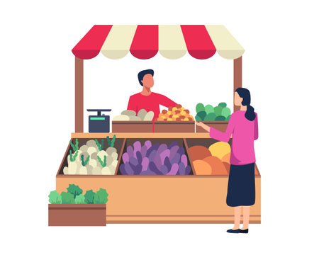 Vegetable and fruit seller, Local farmer sell their crops. Market stalls business concept, Local market farmer shops. Vector illustration in a flat styleのイラスト素材