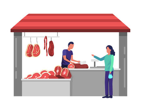 Women shop at local markets, butchers cut meat for buyers, Meat market worker. Fresh meat and meat products with ham, beef and sausages. Vector illustration in a flat styleのイラスト素材