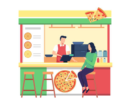 Pizza street market food vector illustration, Shop owner serve customer. Young woman buy pizza, Happy man seller takeaway pizza fast food to people. Vector in a flat styleのイラスト素材