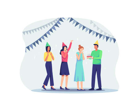Group of joyful people celebrating birthday party. Man and woman characters in hats having fun, Surprise for a friend's birthday. Vector illustration in a flat styleのイラスト素材