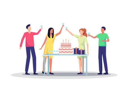 Group of joyful people celebrating Birthday party. Man and woman characters having fun at birthday...