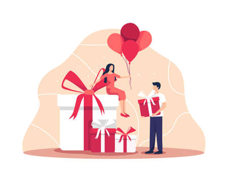 Happy birthday party celebration with friend. Young couple with a gift box, Man and woman having fun at birthday party. Vector illustration illustration in a flat styleのイラスト素材