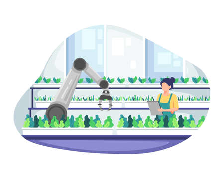 Young female farmer holding tablet checking vegetables. Smart and sophisticated farming concept, Managing a farm in greenhouse. Modern farming with robot automation. Vector illustration in flat styleのイラスト素材