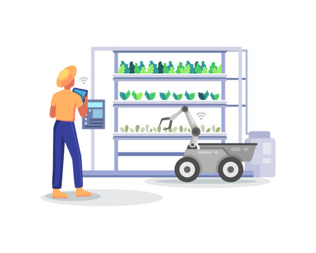 Farmer holding tablet checking his plants. Smart and sophisticated farming concept, Managing hydroponic farming with mobile app. Modern farming with robot automation. Vector illustration in flat styleのイラスト素材