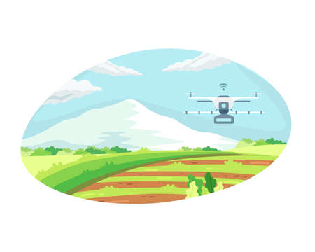 Smart farming tech with irrigation drone. Concept of Agriculture technology and smart farm, Agricultural automation with drone control. Vector illustration in a flat styleのイラスト素材