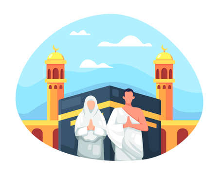 Hajj and umrah Illustration design. Muslim couple is doing Islamic hajj pilgrimage, Couple muslim front kaaba mecca wearing ihram. Eid al adha mubarak with people character. Vector in a flat styleのイラスト素材