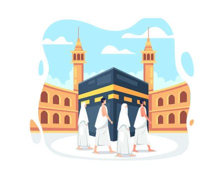 Hajj and umrah Illustration design. Muslims doing Islamic hajj pilgrimage, People in hajj pilgrimage wearing ihram. Eid al adha mubarak with people character. Vector illustration in a flat styleのイラスト素材