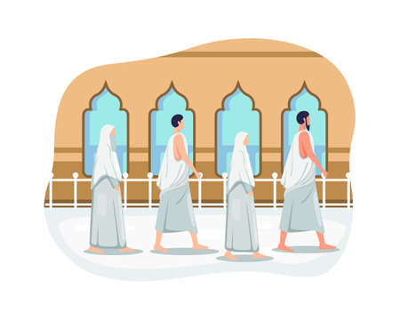 Hajj and umrah Illustration design. Muslims doing Islamic hajj pilgrimage, People in hajj pilgrimage wearing ihram. Eid al adha mubarak with people character. Vector illustration in a flat styleのイラスト素材