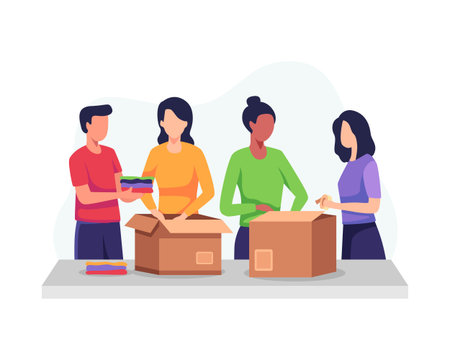 Clothing donation concept. Volunteers with donation box and packing clothes, Woman putting clothes in donation box. People donating clothing, Reuse, Second hand. Vector illustration in a flat styleのイラスト素材