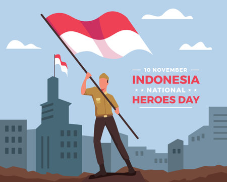 Happy national heroes day. Indonesian soldier running carrying the Indonesia flag. The Indonesian national heroes day celebration. Vector illustration in a flat styleのイラスト素材