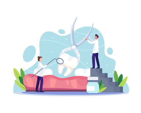 Dental care clinic concept. Dentist in uniform extracting human tooth using medical equipment. Oral health and dentistry hygiene. Vector illustration in a flat styleのイラスト素材