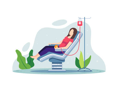 Volunteer woman donating blood. Volunteer female character sitting in medical hospital chair donating blood. Blood donation, World Blood Donor Day concept illustration. Vector in a flat styleのイラスト素材