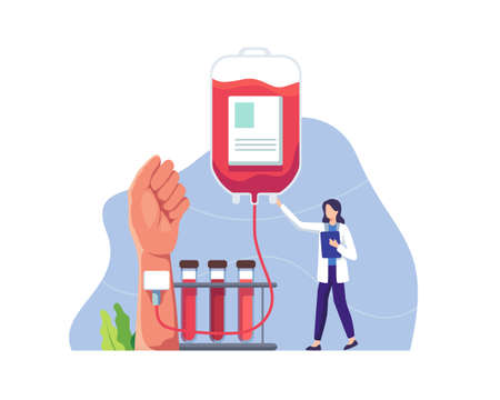 Doctor character in blood donation laboratory. Female doctor character in medical uniform. Lifeblood transfusion from human hand to plastic container. Vector in a flat styleのイラスト素材