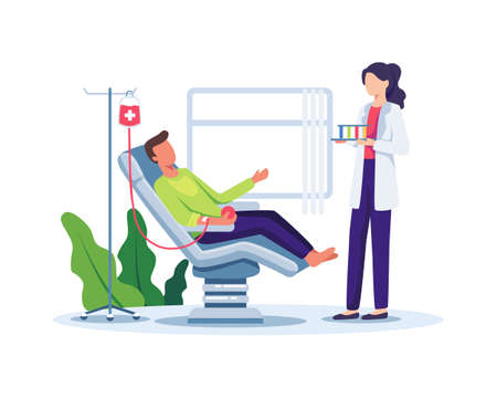 Volunteer man donating blood. Volunteer male character sitting in medical hospital chair donating blood. Blood donation, World Blood Donor Day concept illustration. Vector illustration in a flat styleのイラスト素材