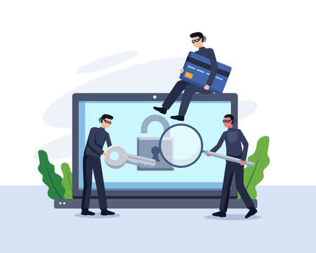 Steal data concept illustration. Criminal and thief hacking computer and stealing data and money. Vector in a flat styleのイラスト素材