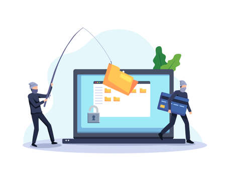 Steal data concept illustration. Hackers and cyber criminals phishing stealing private personal data. Vector in a flat styleのイラスト素材