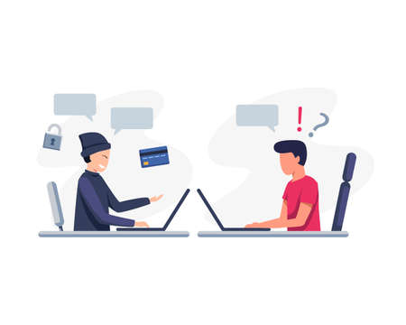 Steal data concept illustration. Criminal and thief hacking computer and stealing data and money. Vector in a flat styleのイラスト素材