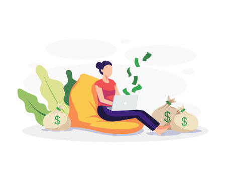 Passive income concept illustration. Young woman working in front of laptop with money around her. Vector in a flat styleのイラスト素材