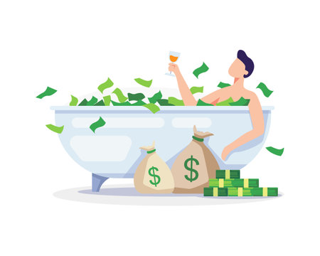 Passive income concept illustration. Young man relaxing with banknote bath. Vector in a flat styleのイラスト素材