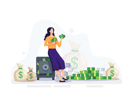 Financial freedom concept illustration. Young woman carrying money in her hand with safe and piles of money around it. Vector in a flat styleのイラスト素材