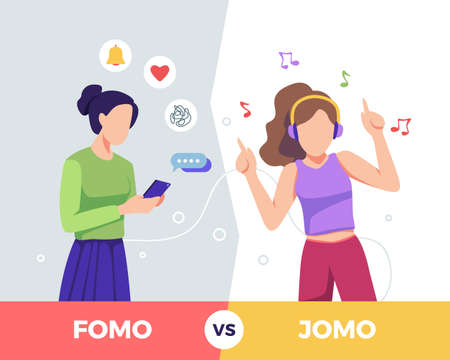 Fear of missing out vs Joy of missing out. Differences between Fomo and Jomo life. Young woman who is afraid to miss something and Young girl who joy of missing out. Vector illustration in flat styleのイラスト素材