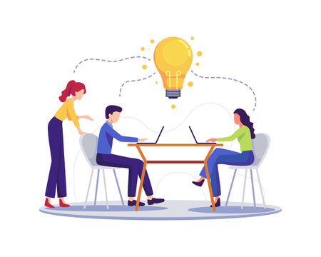 Searching, Design and Creative development. Team working and discuss new project, Creative process, Brainstorming concept. Vector illustration in a flat styleのイラスト素材