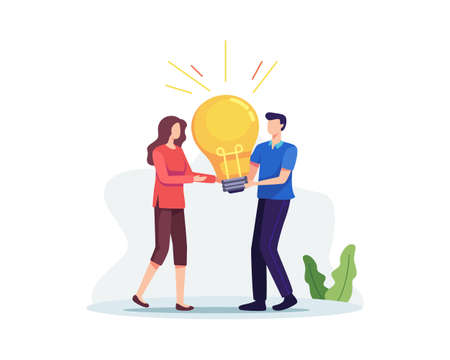 Brainstorming concept illustration. Teamwork, Creative ideas and solution. Bright light-bulb idea, Vector in a flat styleのイラスト素材