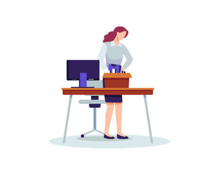 Dismissal employee concept illustration. Fired sad female worker taking her office supplies with her. Unemployment and jobless vector in a flat styleのイラスト素材