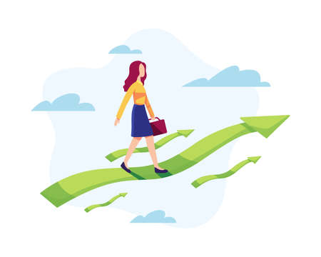 Career growth concept illustration. Female office worker standing on upward arrow. Vector in a flat styleのイラスト素材