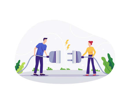 Business connection concept illustration. Business partnership, Two people connecting plug together. Vector in a flat styleのイラスト素材