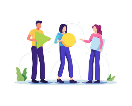 Group of people working together as team. Young men and women collecting shapes and organize them. Vector illustration in a flat styleのイラスト素材