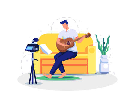 Live music content creator illustration. Musician guitarist character playing guitar online at home. Vector illustration in a flat styleのイラスト素材